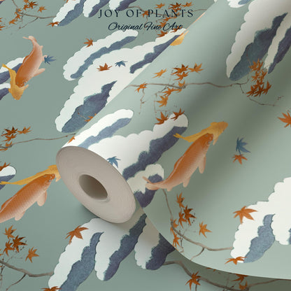 Calming Pastel Clouds Wallpaper | Koi Fish Japanese Wall Art Tranquil Atmosphere Meditation Room Peel and Stick Decor Muted Sage Palette