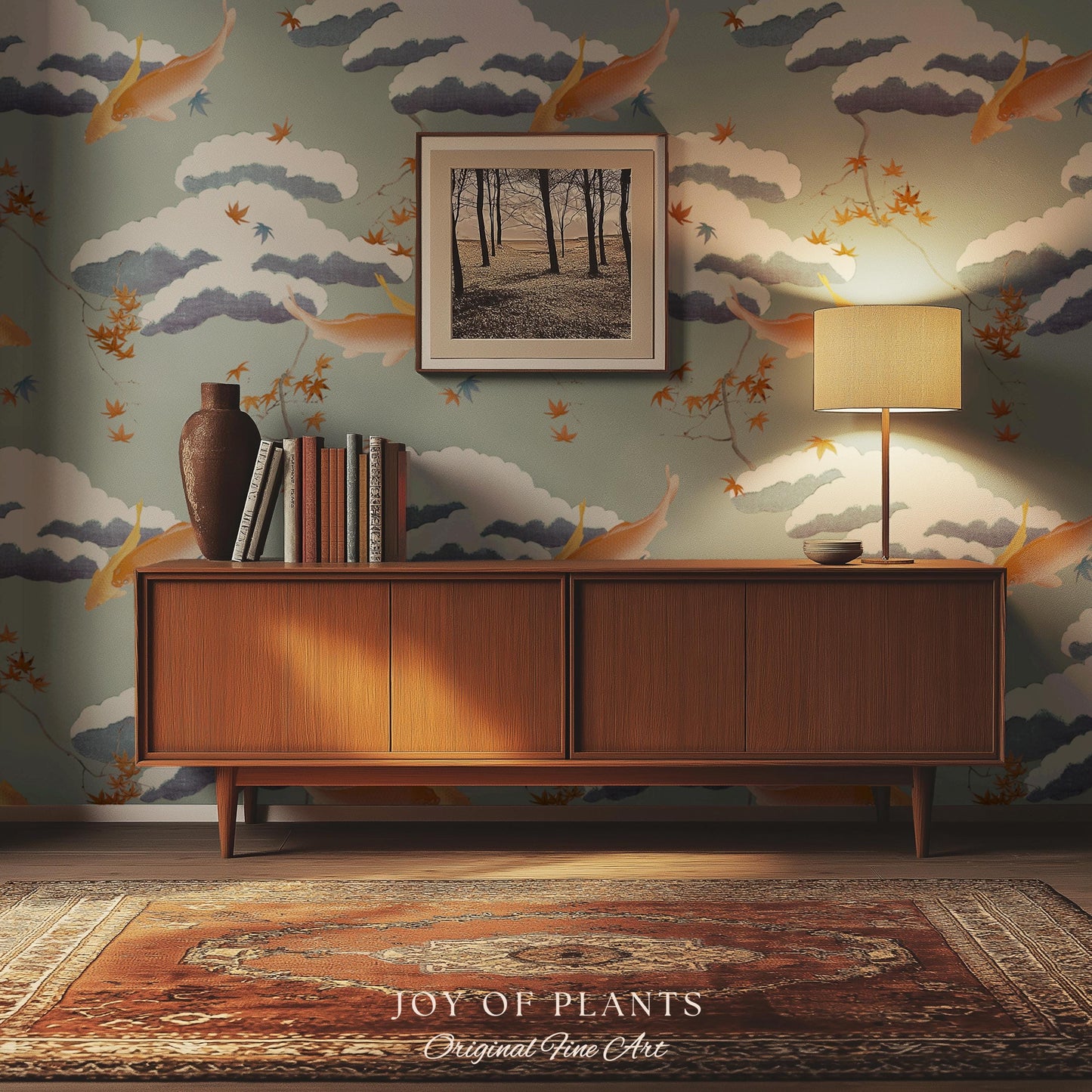 Calming Pastel Clouds Wallpaper | Koi Fish Japanese Wall Art Tranquil Atmosphere Meditation Room Peel and Stick Decor Muted Sage Palette