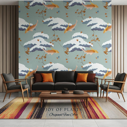 Calming Pastel Clouds Wallpaper | Koi Fish Japanese Wall Art Tranquil Atmosphere Meditation Room Peel and Stick Decor Muted Sage Palette