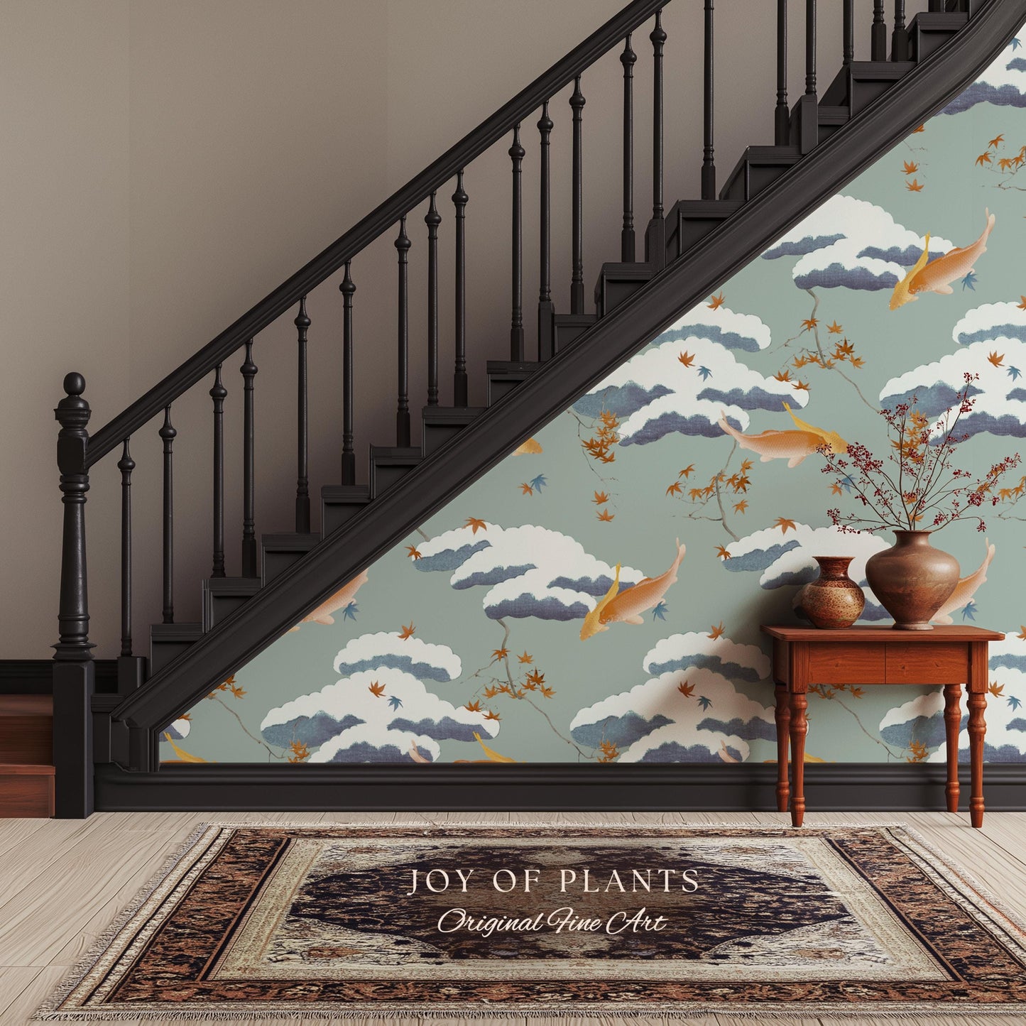 Calming Pastel Clouds Wallpaper | Koi Fish Japanese Wall Art Tranquil Atmosphere Meditation Room Peel and Stick Decor Muted Sage Palette