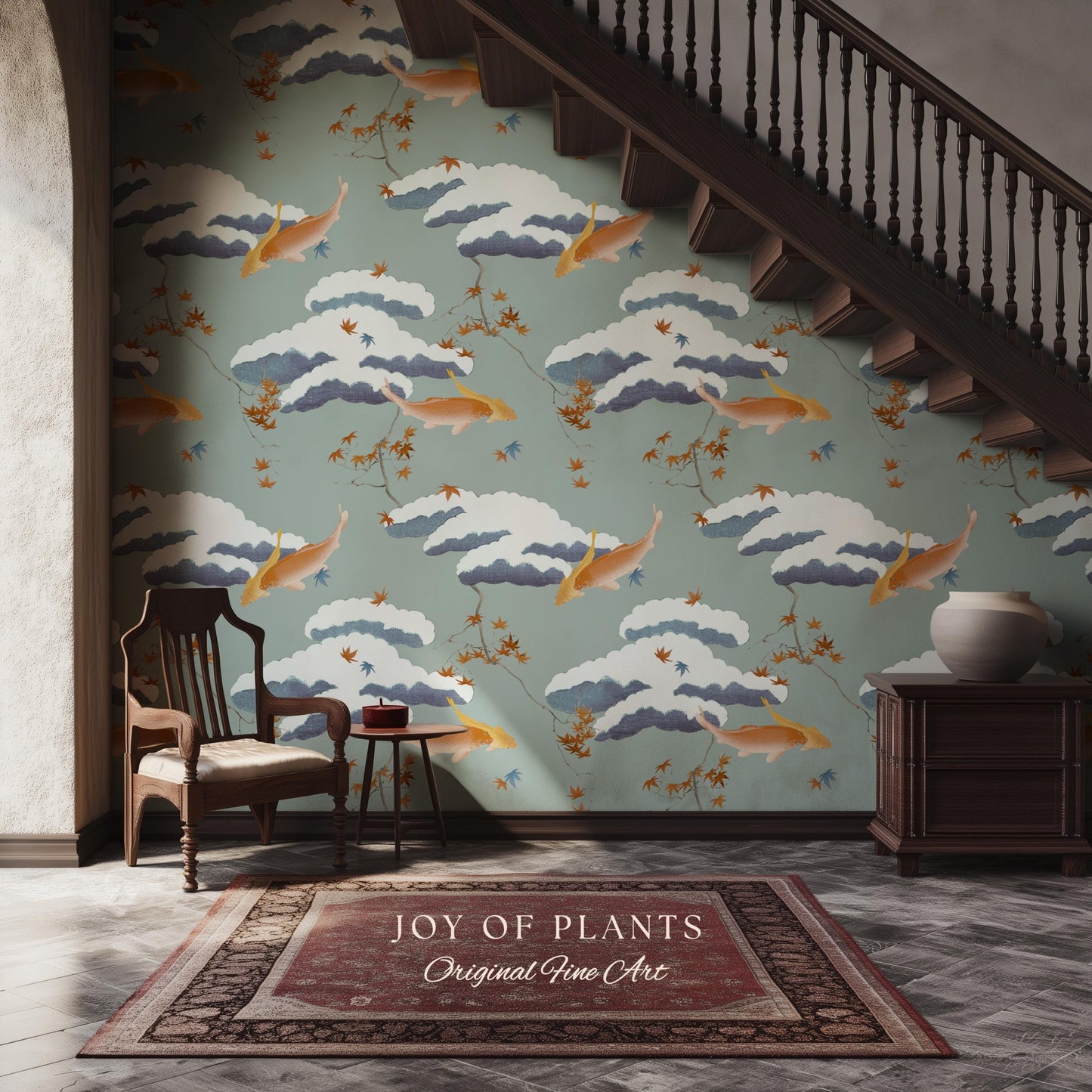 Calming Pastel Clouds Wallpaper | Koi Fish Japanese Wall Art Tranquil Atmosphere Meditation Room Peel and Stick Decor Muted Sage Palette