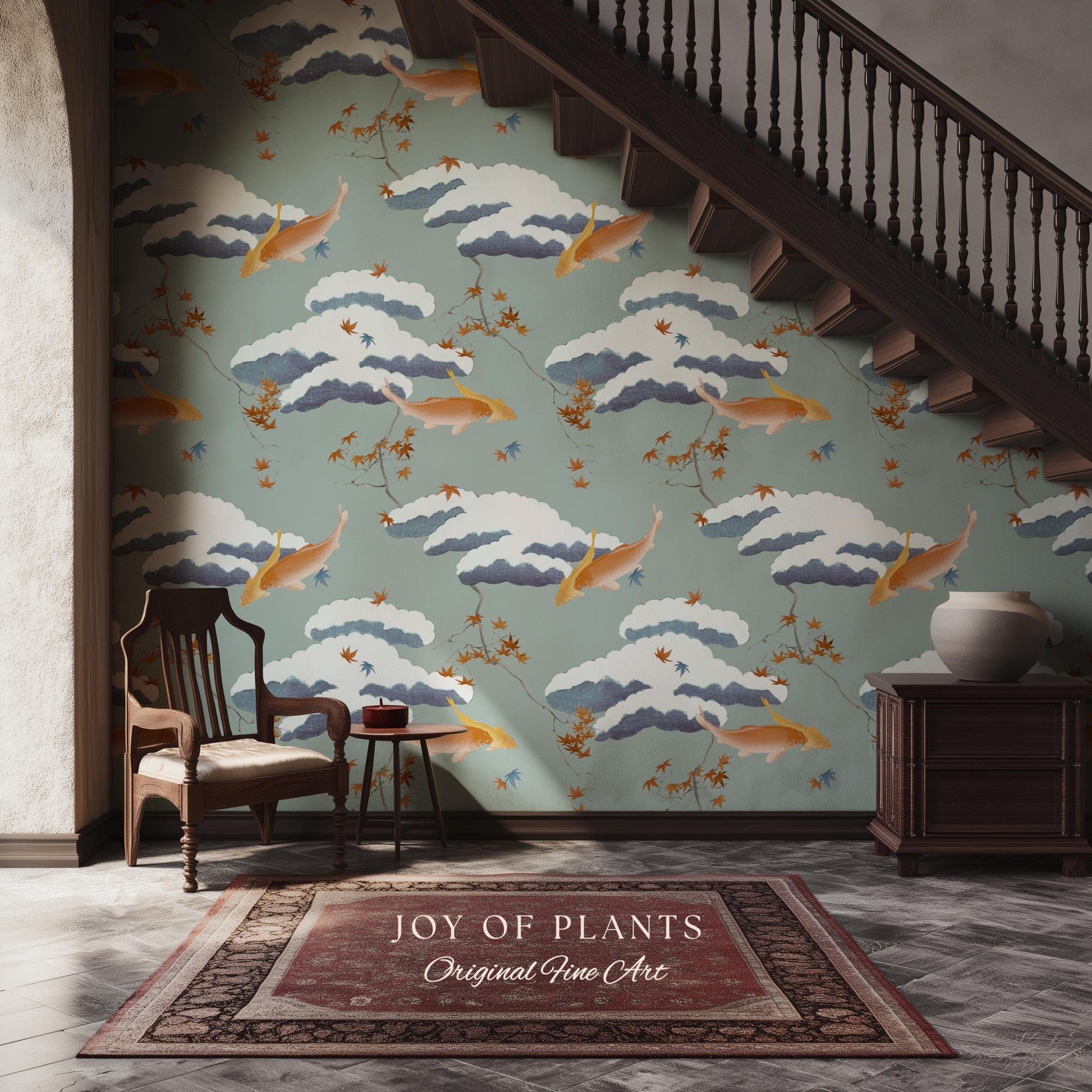 Calming Pastel Clouds Wallpaper | Koi Fish Japanese Wall Art Tranquil Atmosphere Meditation Room Peel and Stick Decor Muted Sage Palette