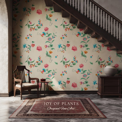 Playful French Eclectic Wallpaper | Maximalist Chinoiserie Peel and Stick Home Decor Grandmillenial Whimsical Dopamine Decor Renter Friendly