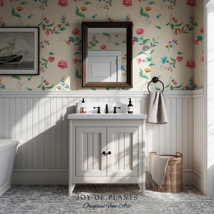Playful French Eclectic Wallpaper | Maximalist Chinoiserie Peel and Stick Home Decor Grandmillenial Whimsical Dopamine Decor Renter Friendly