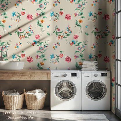 Playful French Eclectic Wallpaper | Maximalist Chinoiserie Peel and Stick Home Decor Grandmillenial Whimsical Dopamine Decor Renter Friendly