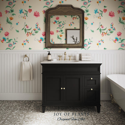 Playful French Eclectic Wallpaper | Maximalist Chinoiserie Peel and Stick Home Decor Grandmillenial Whimsical Dopamine Decor Renter Friendly