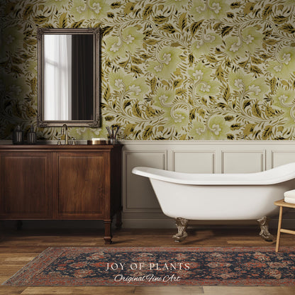 Timeless Olive Green Wallpaper | Refined Cottage Decor Botanical Revival William Morris Peel and Stick Heritage Home Renter Friendly Revival