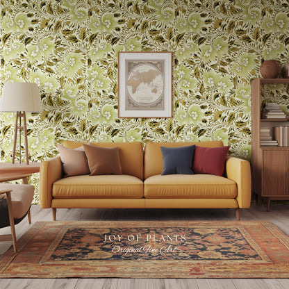 Timeless Olive Green Wallpaper | Refined Cottage Decor Botanical Revival William Morris Peel and Stick Heritage Home Renter Friendly Revival