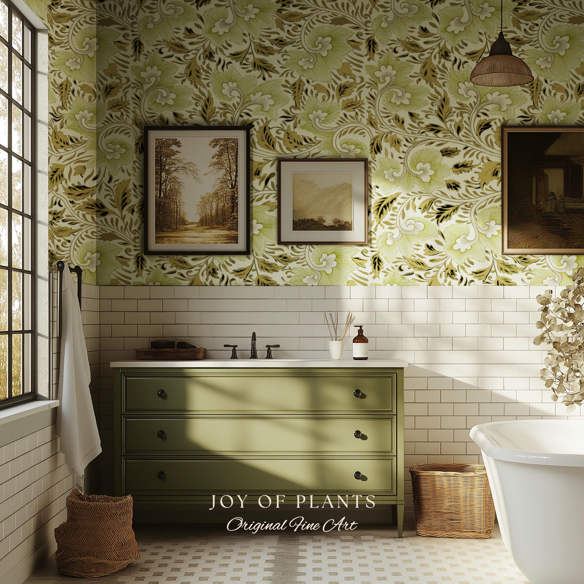 Timeless Olive Green Wallpaper | Refined Cottage Decor Botanical Revival William Morris Peel and Stick Heritage Home Renter Friendly Revival