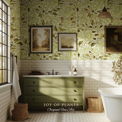 Timeless Olive Green Wallpaper | Refined Cottage Decor Botanical Revival William Morris Peel and Stick Heritage Home Renter Friendly Revival