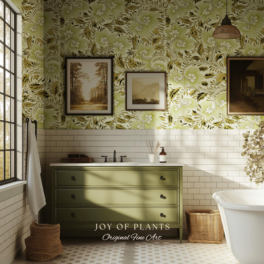 Timeless Olive Green Wallpaper | Refined Cottage Decor Botanical Revival William Morris Peel and Stick Heritage Home Renter Friendly Revival