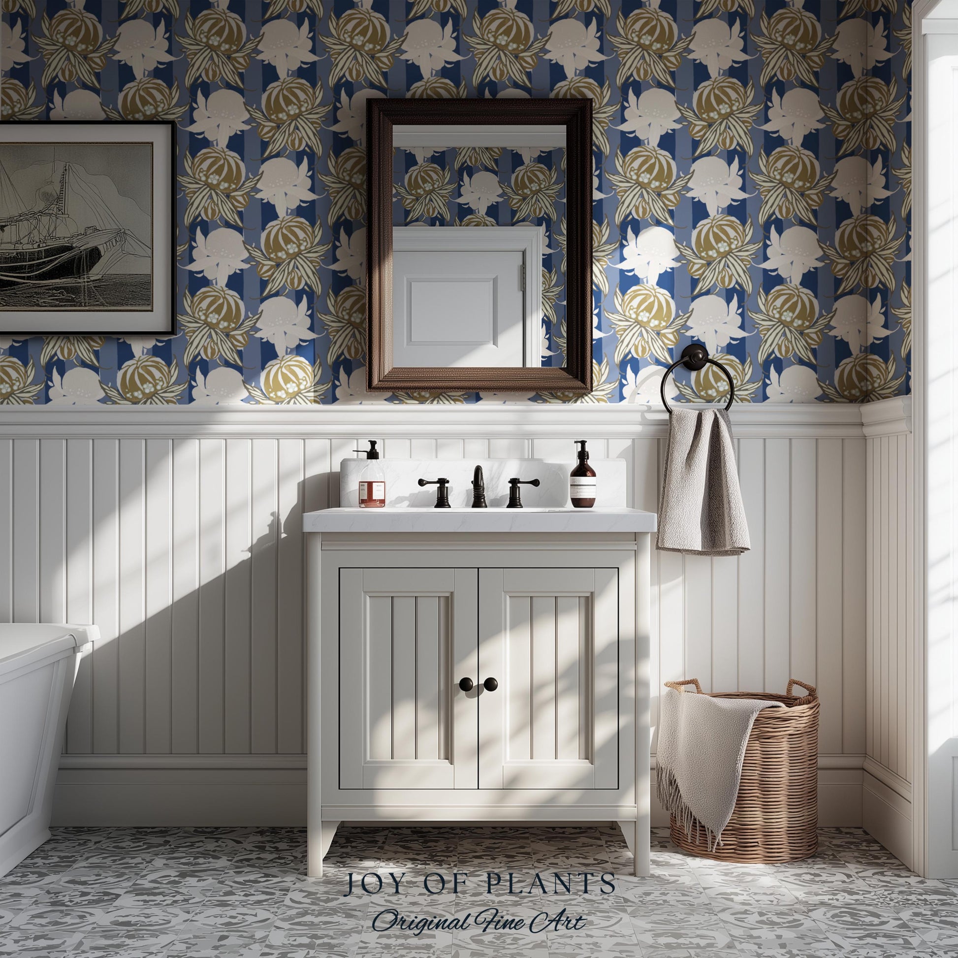 Art Deco Parisian Floral Wallpaper | Bold Boutique Flower Wall Art Cobalt Home Decor Muted Color Palette Renter Friendly Elegant Bedroom