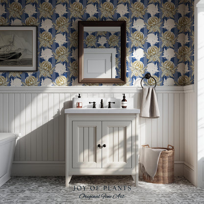 Art Deco Parisian Floral Wallpaper | Bold Boutique Flower Wall Art Cobalt Home Decor Muted Color Palette Renter Friendly Elegant Bedroom