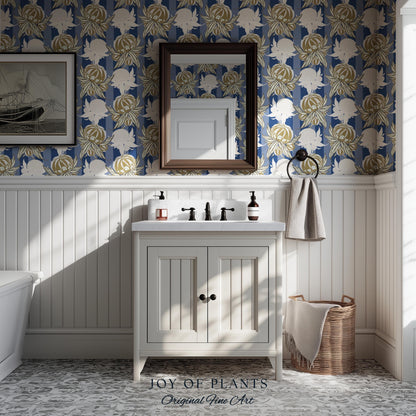 Art Deco Parisian Floral Wallpaper | Bold Boutique Flower Wall Art Cobalt Home Decor Muted Color Palette Renter Friendly Elegant Bedroom