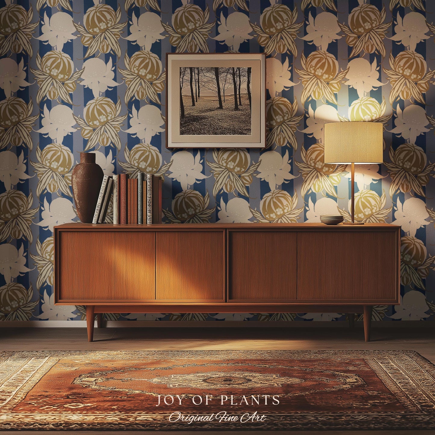 Art Deco Parisian Floral Wallpaper | Bold Boutique Flower Wall Art Cobalt Home Decor Muted Color Palette Renter Friendly Elegant Bedroom