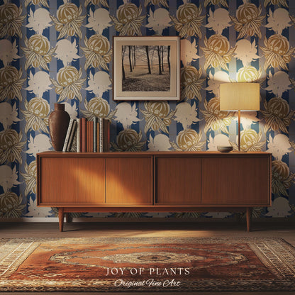 Art Deco Parisian Floral Wallpaper | Bold Boutique Flower Wall Art Cobalt Home Decor Muted Color Palette Renter Friendly Elegant Bedroom