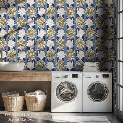 Art Deco Parisian Floral Wallpaper | Bold Boutique Flower Wall Art Cobalt Home Decor Muted Color Palette Renter Friendly Elegant Bedroom