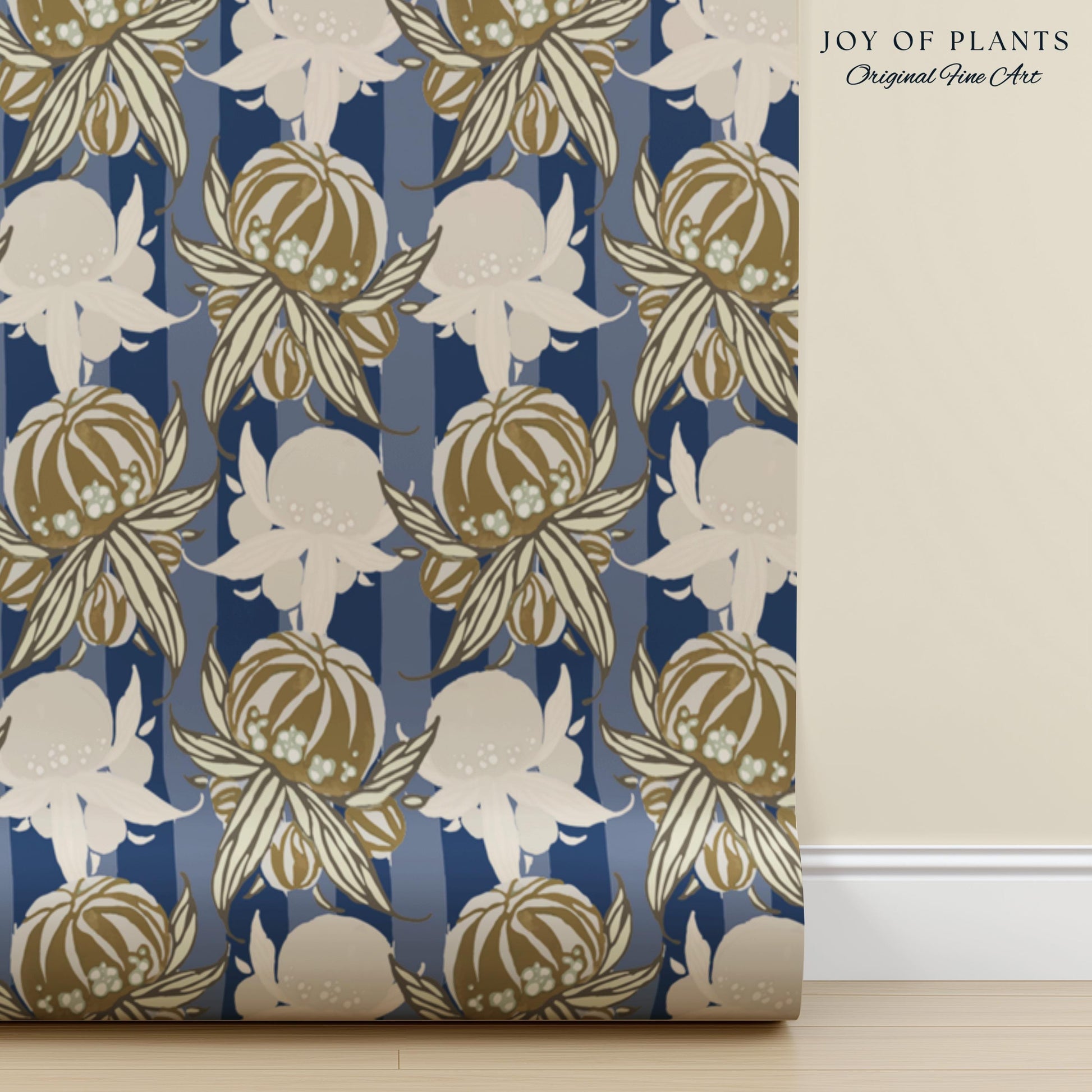 Art Deco Parisian Floral Wallpaper | Bold Boutique Flower Wall Art Cobalt Home Decor Muted Color Palette Renter Friendly Elegant Bedroom
