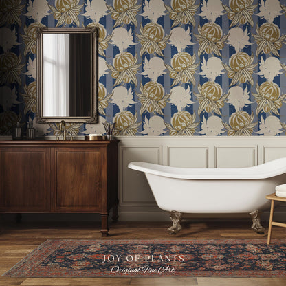 Art Deco Parisian Floral Wallpaper | Bold Boutique Flower Wall Art Cobalt Home Decor Muted Color Palette Renter Friendly Elegant Bedroom