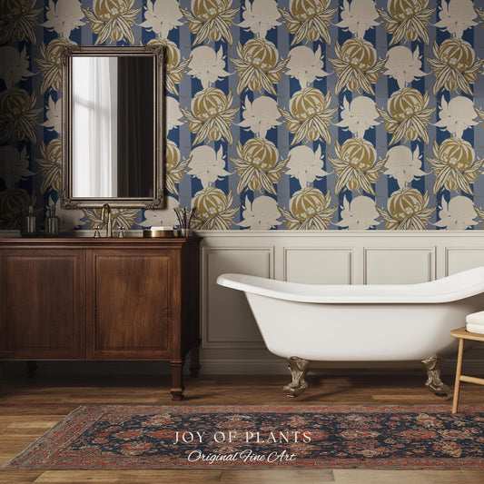Art Deco Parisian Floral Wallpaper | Bold Boutique Flower Wall Art Cobalt Home Decor Muted Color Palette Renter Friendly Elegant Bedroom