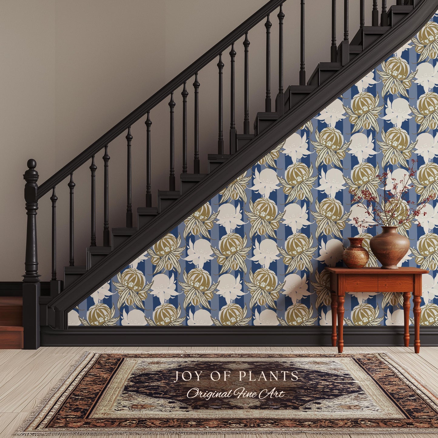 Art Deco Parisian Floral Wallpaper | Bold Boutique Flower Wall Art Cobalt Home Decor Muted Color Palette Renter Friendly Elegant Bedroom