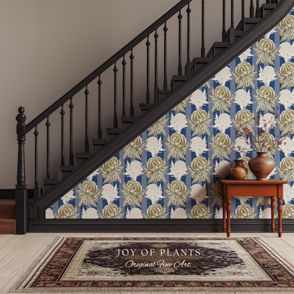 Art Deco Parisian Floral Wallpaper | Bold Boutique Flower Wall Art Cobalt Home Decor Muted Color Palette Renter Friendly Elegant Bedroom