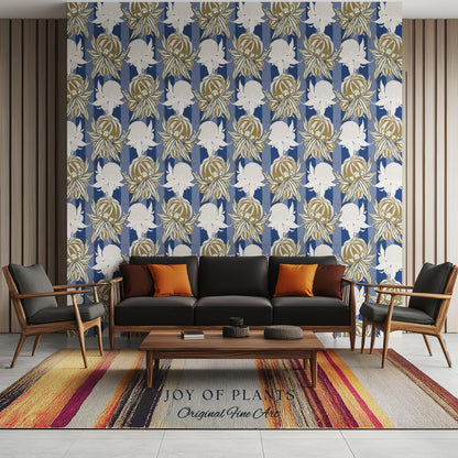 Art Deco Parisian Floral Wallpaper | Bold Boutique Flower Wall Art Cobalt Home Decor Muted Color Palette Renter Friendly Elegant Bedroom
