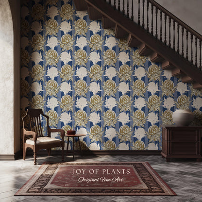 Art Deco Parisian Floral Wallpaper | Bold Boutique Flower Wall Art Cobalt Home Decor Muted Color Palette Renter Friendly Elegant Bedroom