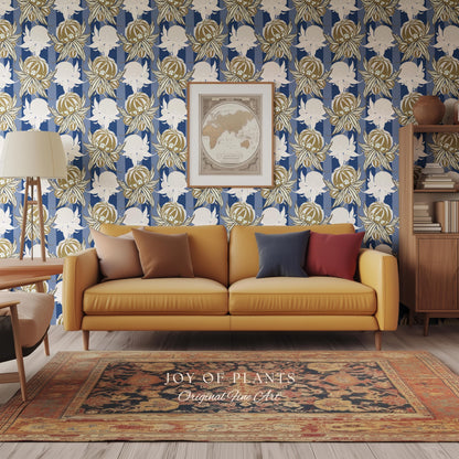 Art Deco Parisian Floral Wallpaper | Bold Boutique Flower Wall Art Cobalt Home Decor Muted Color Palette Renter Friendly Elegant Bedroom