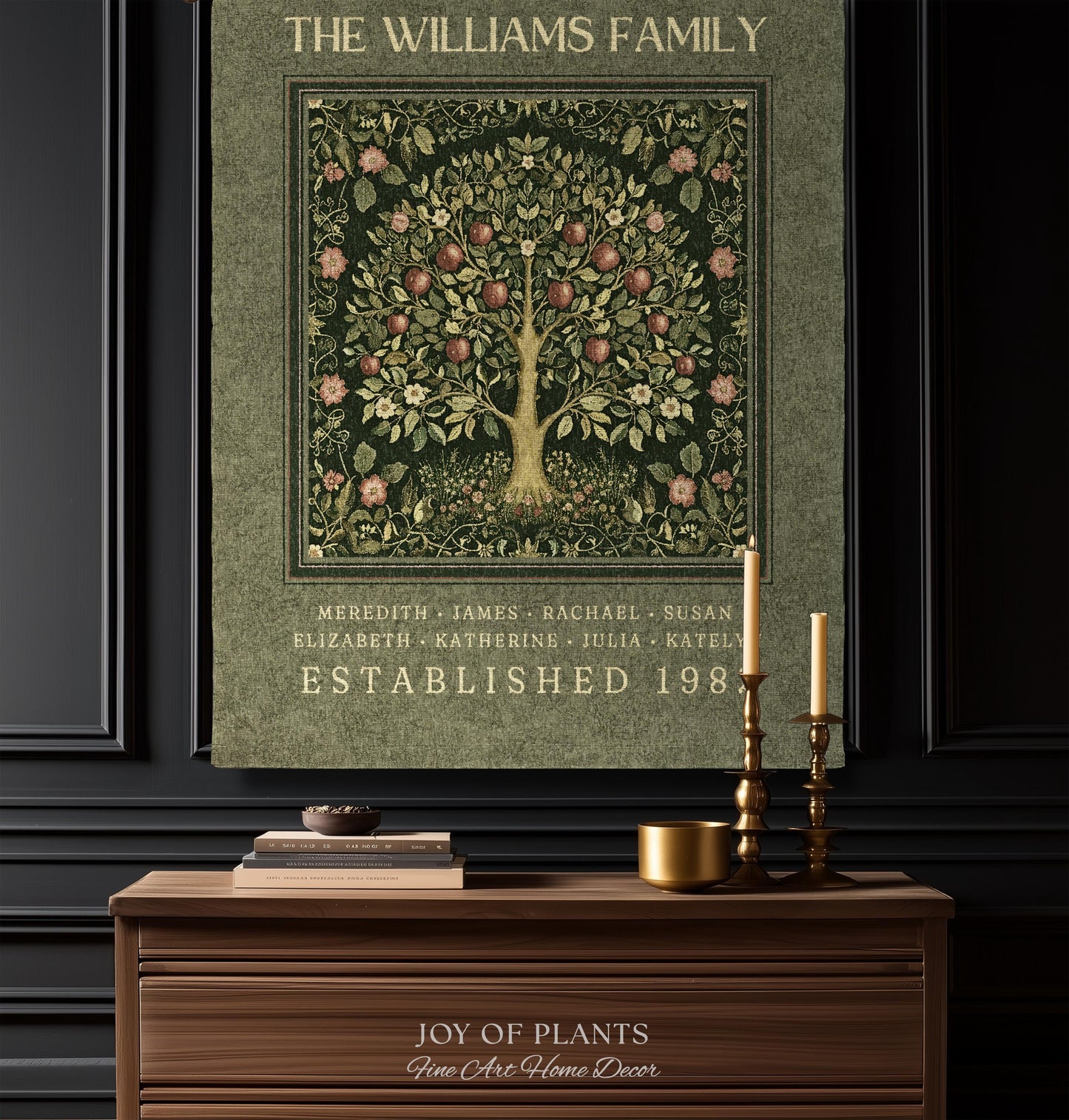 Deep Sage Green Family Tree Blanket Woven Art | Personalized Heritage Tapestry Custom Grandparent Gift Sentimental Last Name Gift from Kids