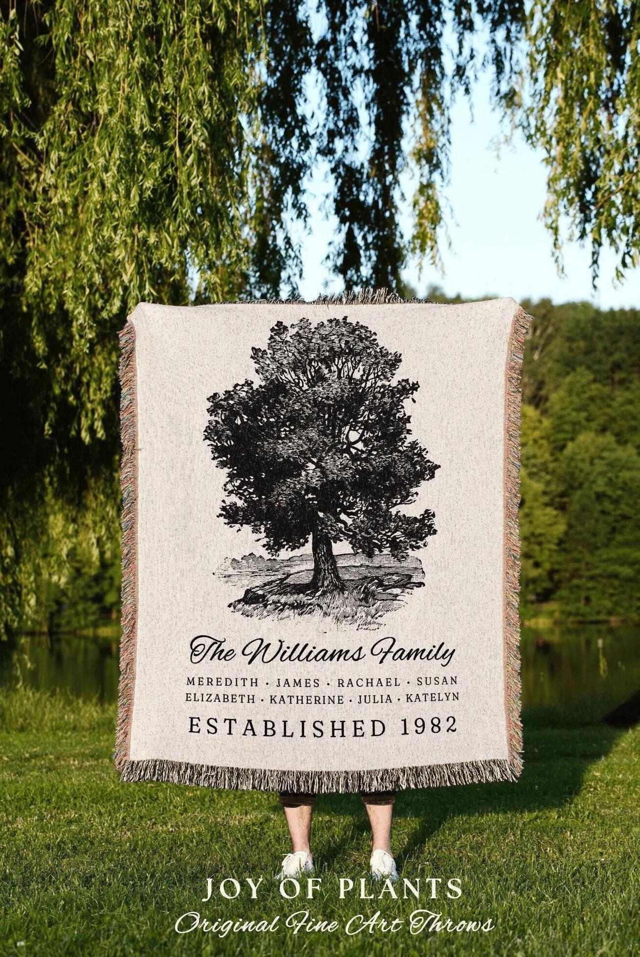 May include: A beige throw blanket with a black and white tree illustration. The text reads "The Williams Family" with names and "Established 1982." The bottom text says "JOY OF PLANTS Original Fine Art Throws."