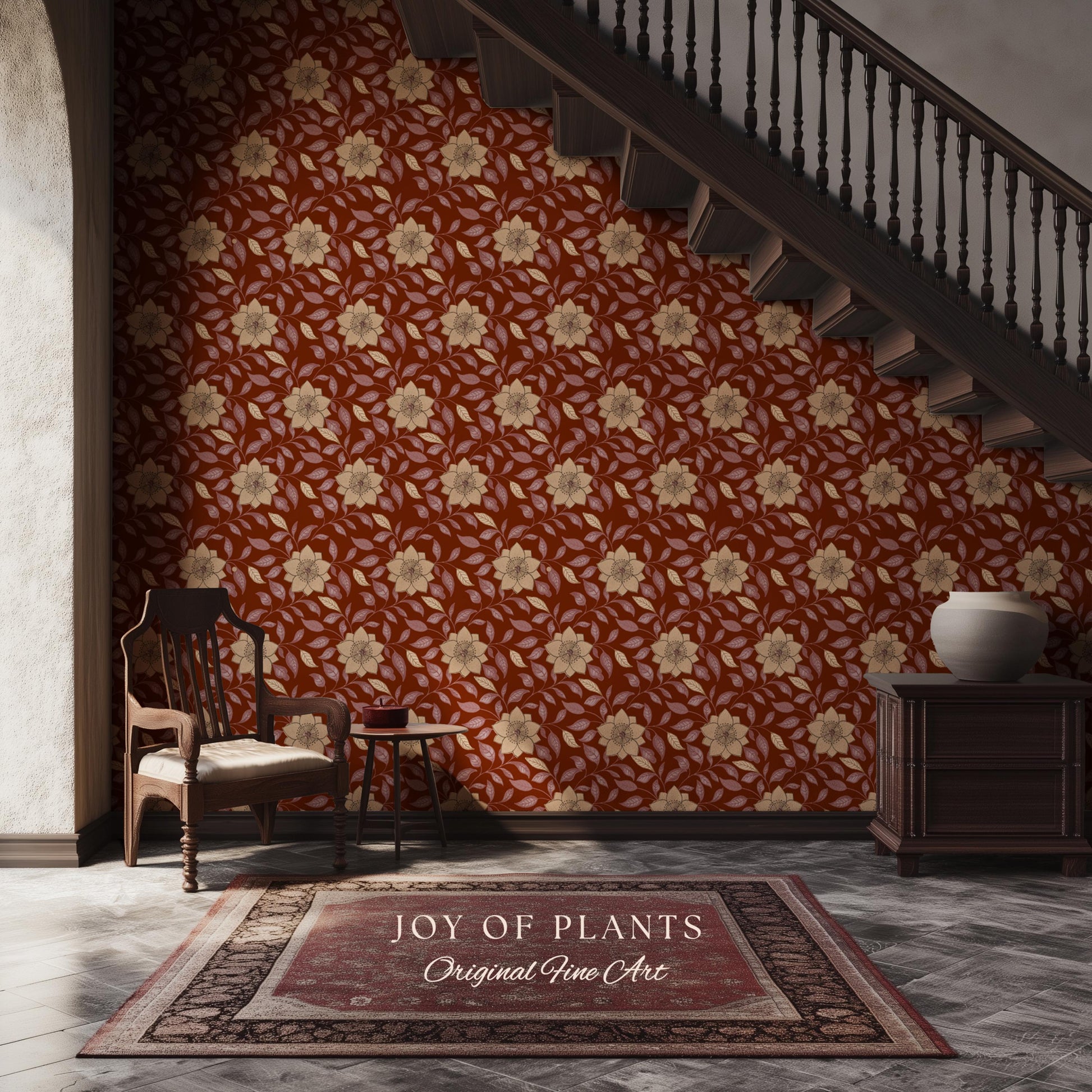 Warm and Welcoming Floral Wallpaper | Scandinavian Influence Block Print Textile Earth Tone Wall Art Renter Friendly Timeless Folk Revival