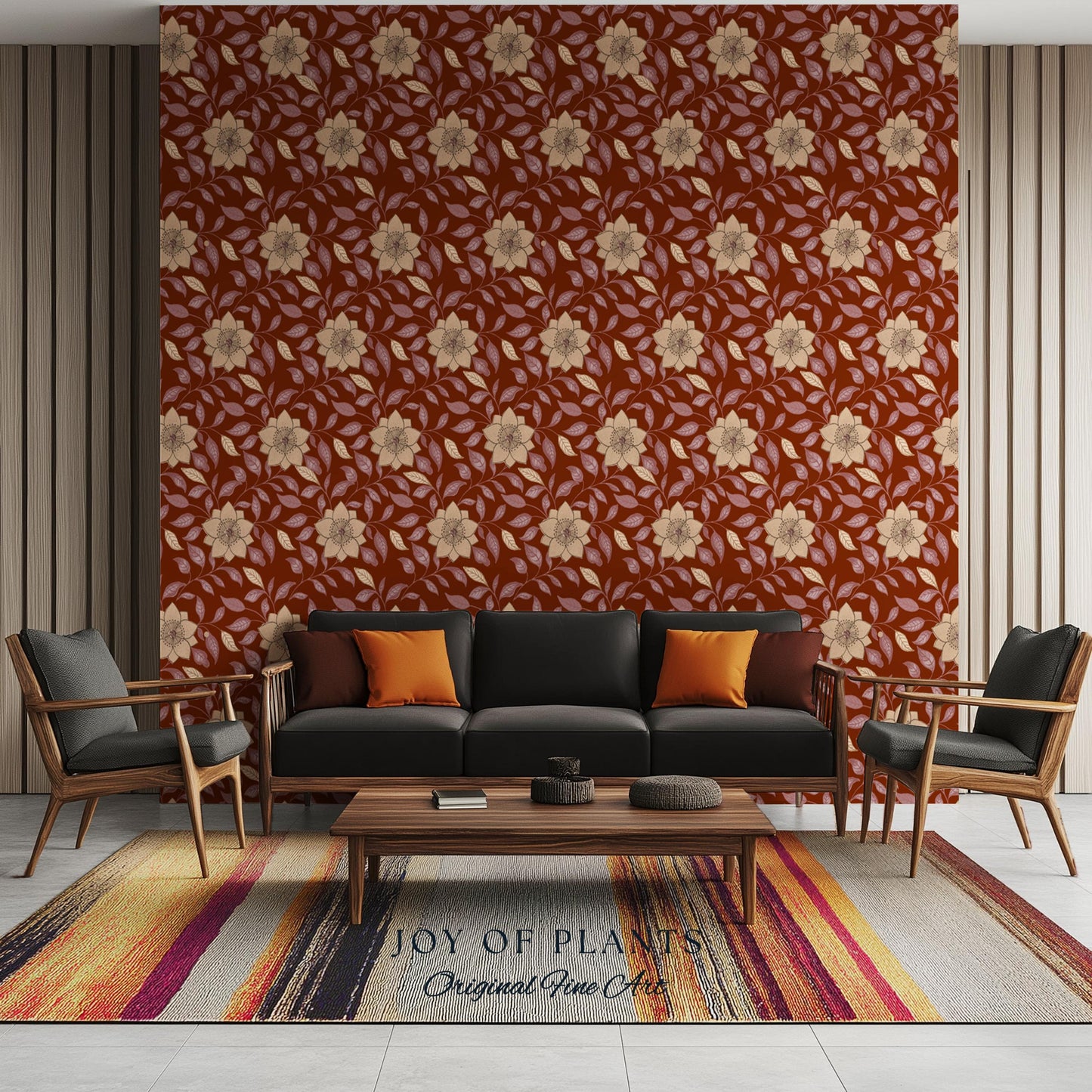 Warm and Welcoming Floral Wallpaper | Scandinavian Influence Block Print Textile Earth Tone Wall Art Renter Friendly Timeless Folk Revival