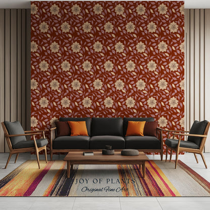 Warm and Welcoming Floral Wallpaper | Scandinavian Influence Block Print Textile Earth Tone Wall Art Renter Friendly Timeless Folk Revival