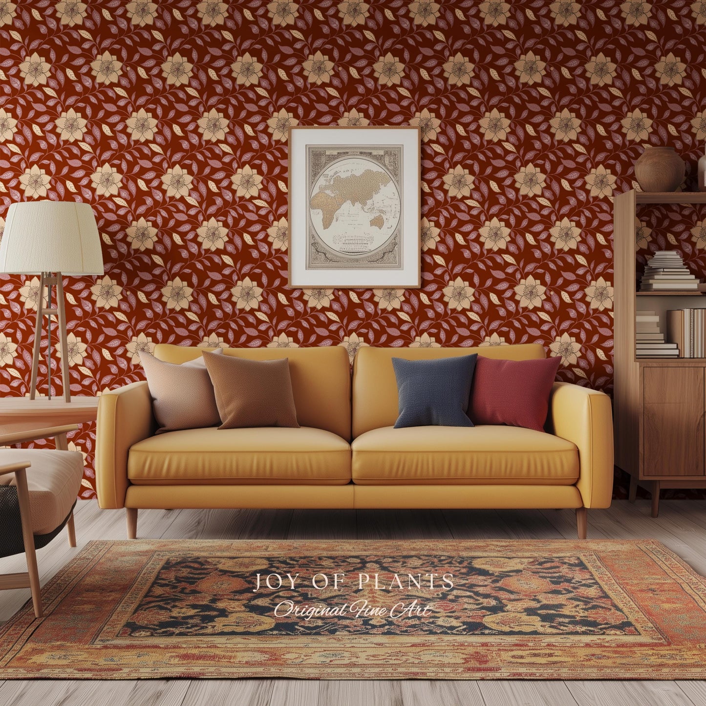 Warm and Welcoming Floral Wallpaper | Scandinavian Influence Block Print Textile Earth Tone Wall Art Renter Friendly Timeless Folk Revival
