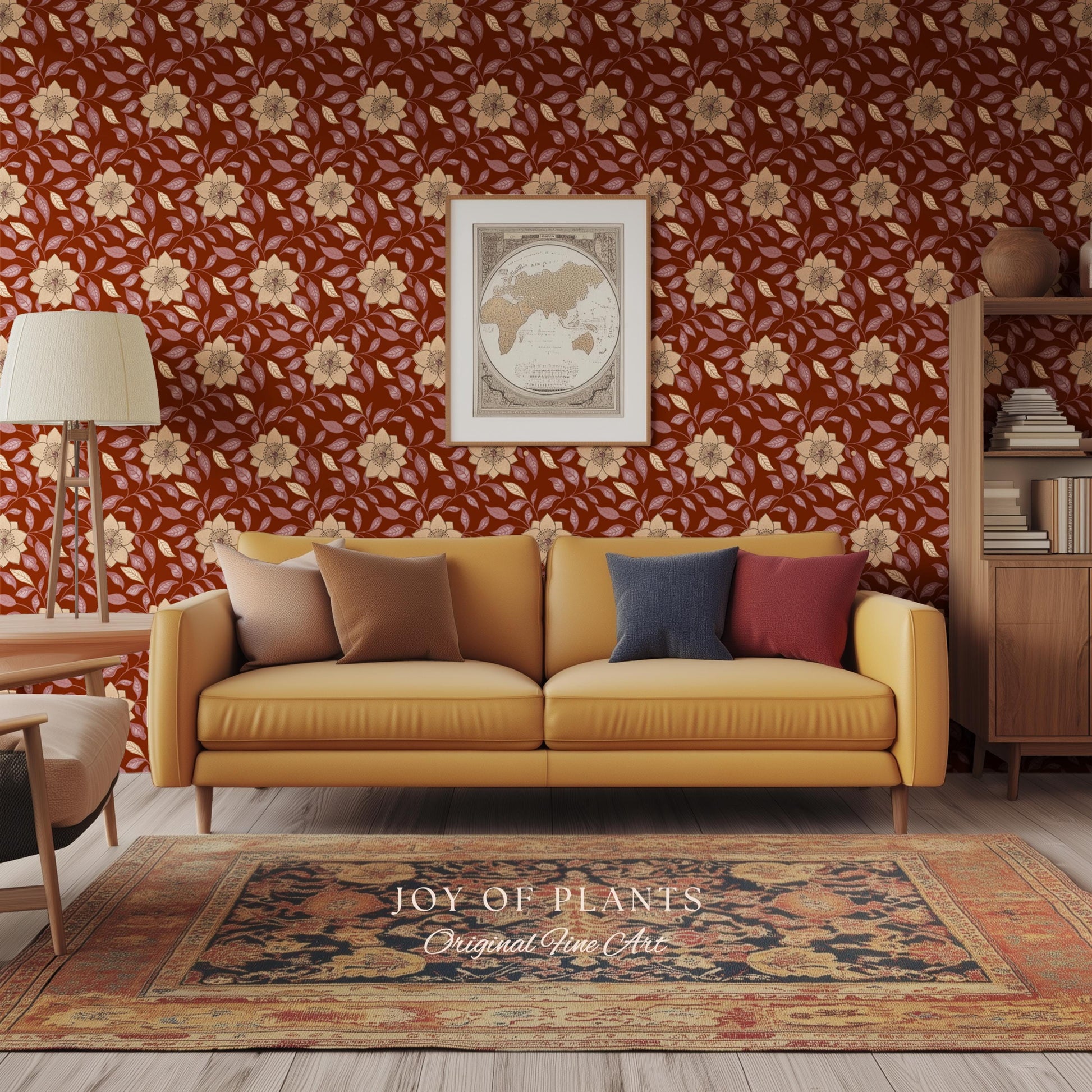 Warm and Welcoming Floral Wallpaper | Scandinavian Influence Block Print Textile Earth Tone Wall Art Renter Friendly Timeless Folk Revival