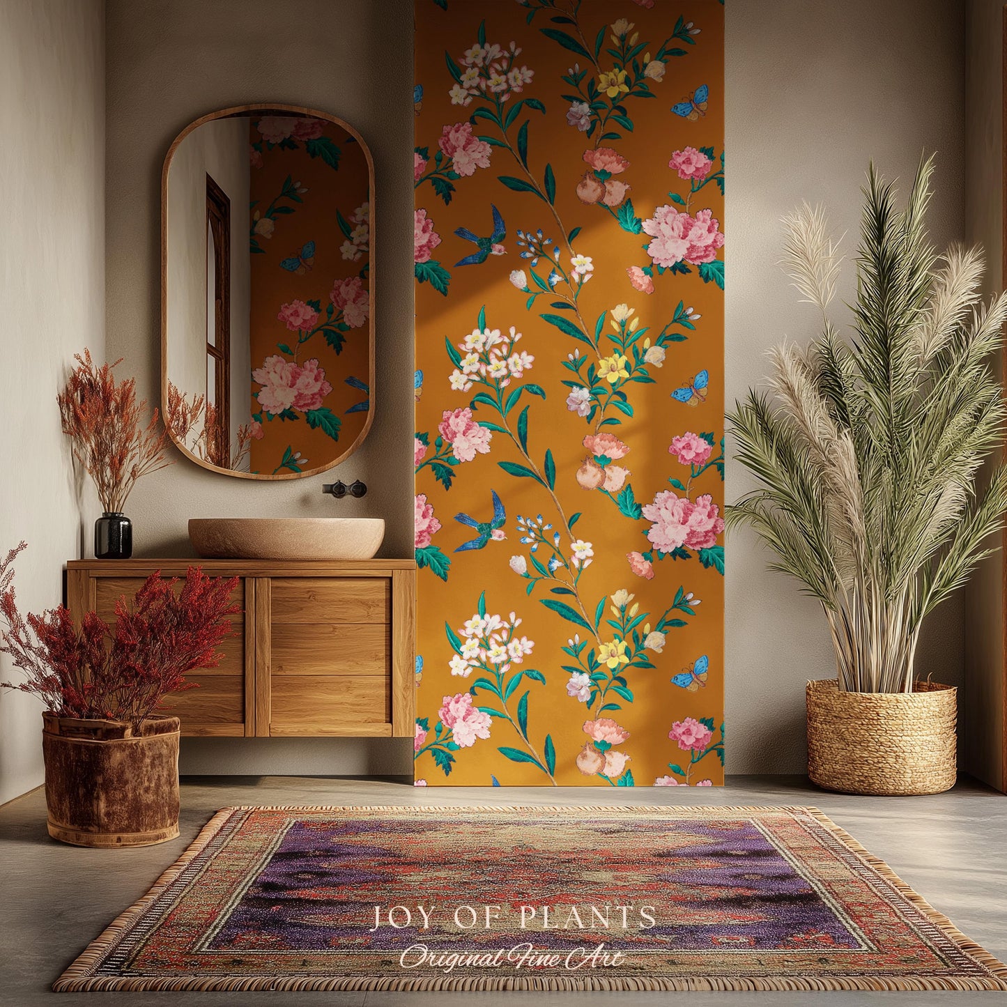 Rust Orange Flowing Vine Wallpaper | Soft Florals Chinoiserie Inspired Botanical Wall Art Peel and Stick Luxury Artistry Bird Print Accent