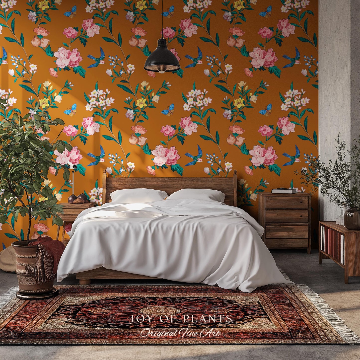 Rust Orange Flowing Vine Wallpaper | Soft Florals Chinoiserie Inspired Botanical Wall Art Peel and Stick Luxury Artistry Bird Print Accent