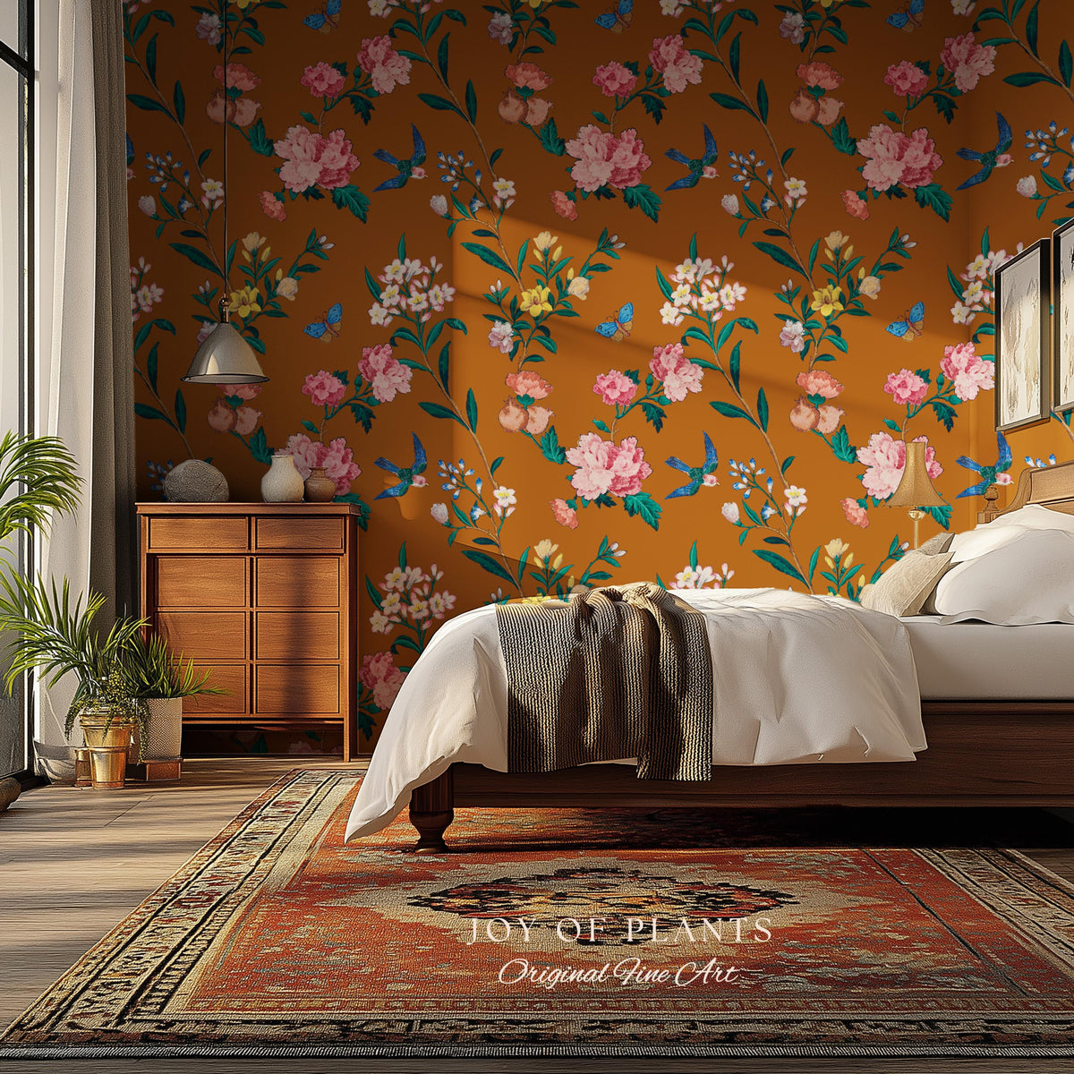 Rust Orange Flowing Vine Wallpaper | Soft Florals Chinoiserie Inspired Botanical Wall Art Peel and Stick Luxury Artistry Bird Print Accent