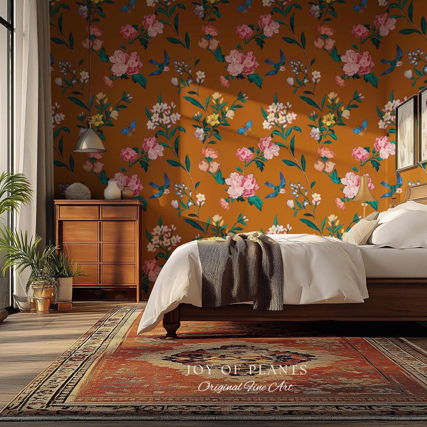 Rust Orange Flowing Vine Wallpaper | Soft Florals Chinoiserie Inspired Botanical Wall Art Peel and Stick Luxury Artistry Bird Print Accent