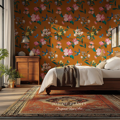 Rust Orange Flowing Vine Wallpaper | Soft Florals Chinoiserie Inspired Botanical Wall Art Peel and Stick Luxury Artistry Bird Print Accent