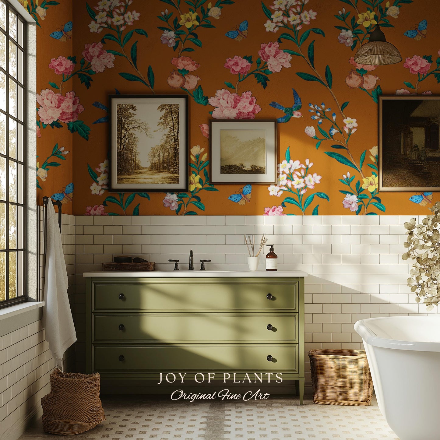 Rust Orange Flowing Vine Wallpaper | Soft Florals Chinoiserie Inspired Botanical Wall Art Peel and Stick Luxury Artistry Bird Print Accent