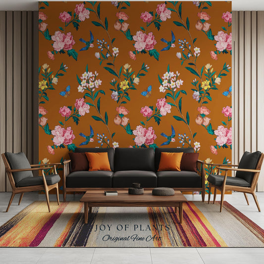 Rust Orange Flowing Vine Wallpaper | Soft Florals Chinoiserie Inspired Botanical Wall Art Peel and Stick Luxury Artistry Bird Print Accent