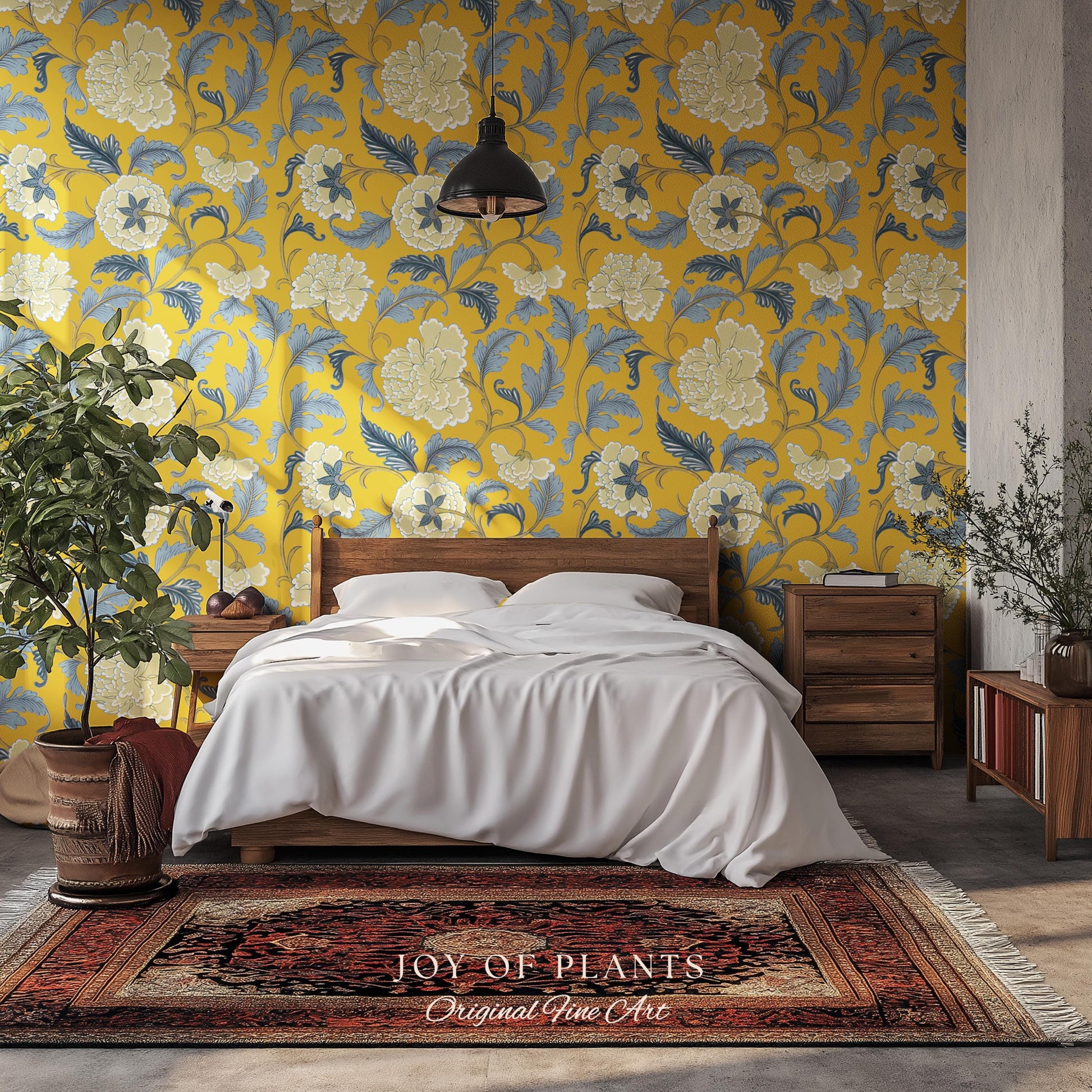 Formal European Damask Wallpaper | Rococo Chinoiserie French Florals Peony Wall Renter Friendly Peel & Stick Mustard Yellow Grandmillenial