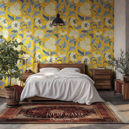 Formal European Damask Wallpaper | Rococo Chinoiserie French Florals Peony Wall Renter Friendly Peel & Stick Mustard Yellow Grandmillenial