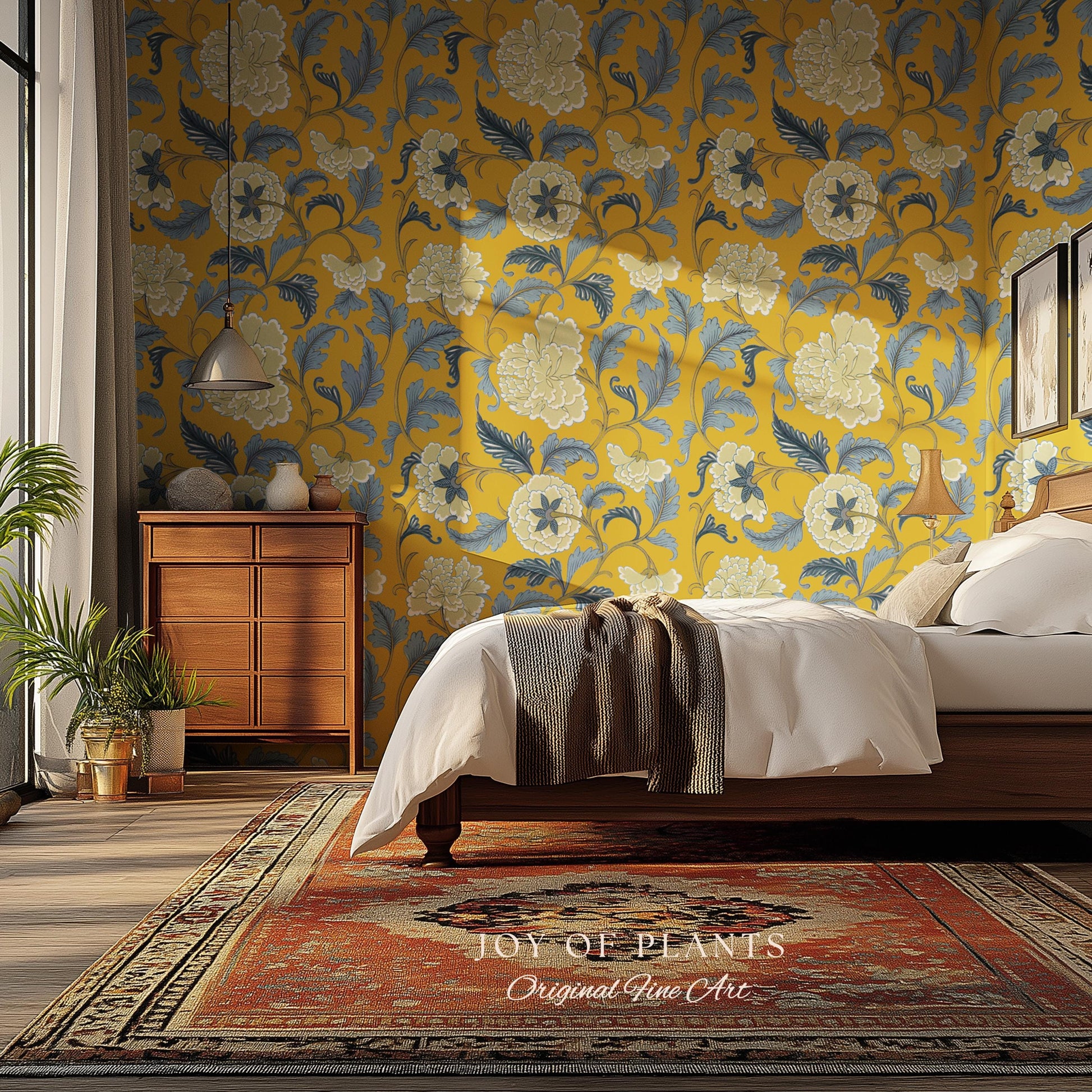Formal European Damask Wallpaper | Rococo Chinoiserie French Florals Peony Wall Renter Friendly Peel & Stick Mustard Yellow Grandmillenial