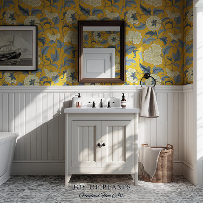 Formal European Damask Wallpaper | Rococo Chinoiserie French Florals Peony Wall Renter Friendly Peel & Stick Mustard Yellow Grandmillenial