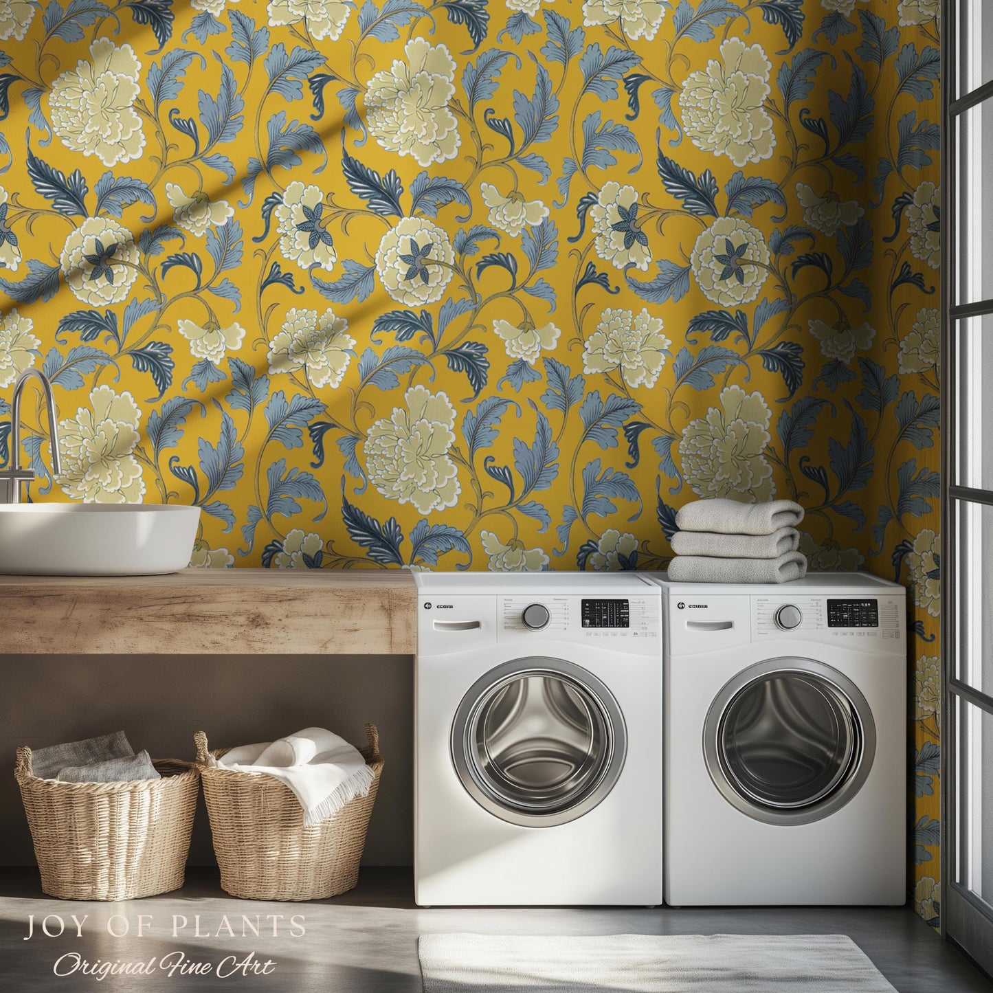 Formal European Damask Wallpaper | Rococo Chinoiserie French Florals Peony Wall Renter Friendly Peel & Stick Mustard Yellow Grandmillenial