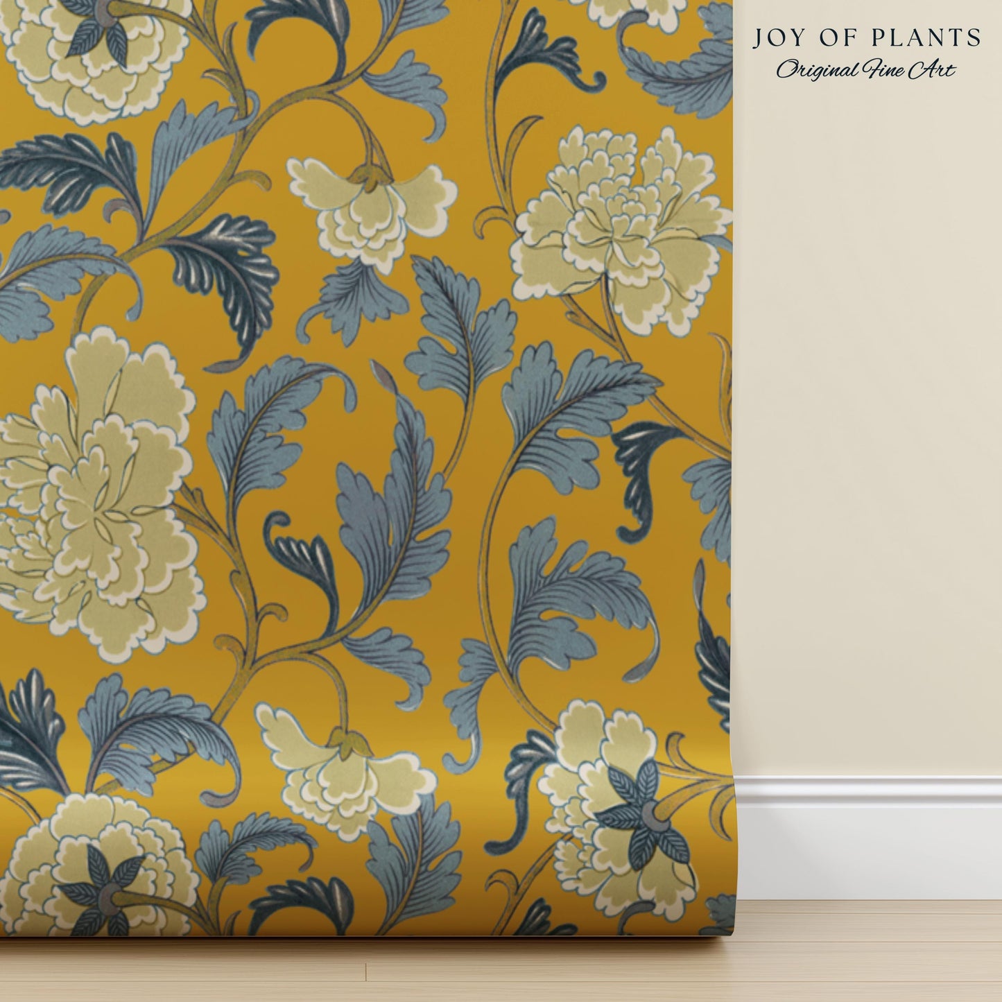 Formal European Damask Wallpaper | Rococo Chinoiserie French Florals Peony Wall Renter Friendly Peel & Stick Mustard Yellow Grandmillenial