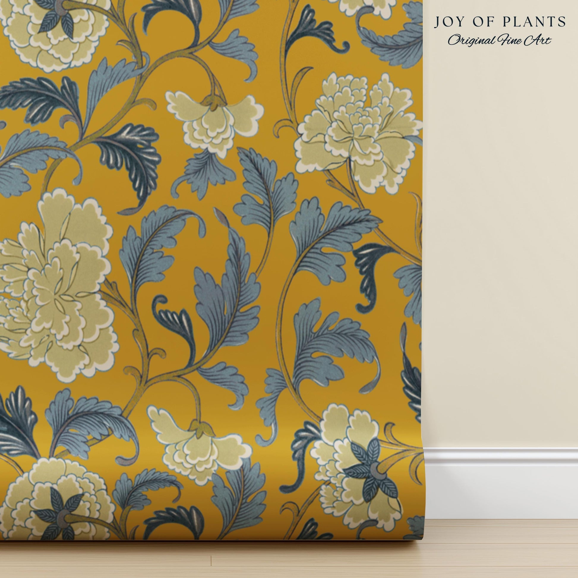 Formal European Damask Wallpaper | Rococo Chinoiserie French Florals Peony Wall Renter Friendly Peel & Stick Mustard Yellow Grandmillenial